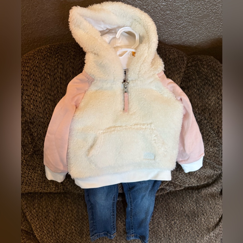 White & pink Fleece Baby Jacket & jeans set